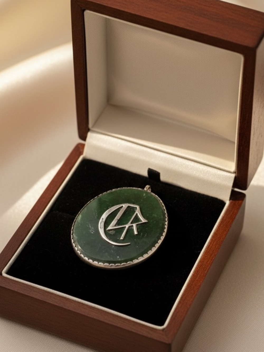 Vintage Handmade Sterling Silver Pendant with Big Oval Jade & Silver Monogram